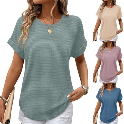 Ruffled-edged Short-sleeve Waffle-knit Crew-neck Top With A Curved Hem