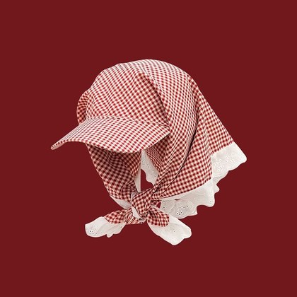 New Japanese-style Fresh And Chic Plaid Lace-trimmed Headscarf With Tie For Women