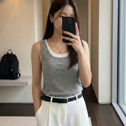 Ribbed Textured Color-block Faux Two-piece Camisole With Chest Pads