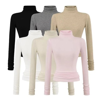 Stretchy Turtleneck Base Layer Womens Slim-Fit Long-Sleeve T-Shirt