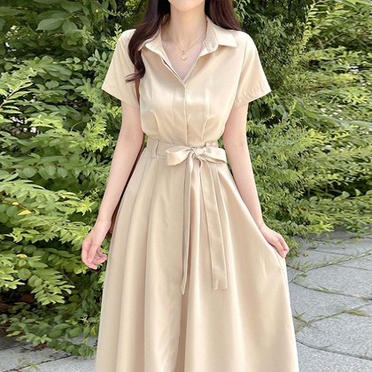 Minimalist Lace-up Waist-cinching Slimming Short-sleeve Dress