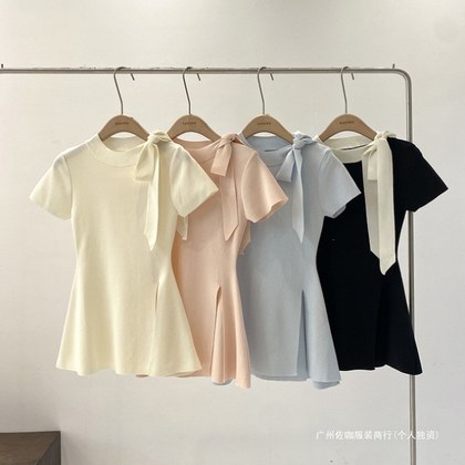 Bow-tie Lace-up Round-neck Short-sleeve Lightweight Dress