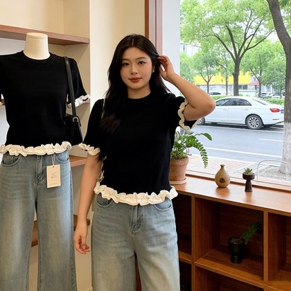 Elegant Wood Ear Trimmed Color-block Short-sleeve T-shirt