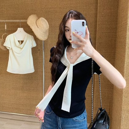 Girly Navy-collar Color-block Short-sleeve Knit Sweater