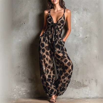 Retro Leopard Print Deep V-neck Tie-detail Strap Jumpsuit