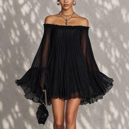 Lotus-Leaf Flared Long-Sleeve Sheer Dress