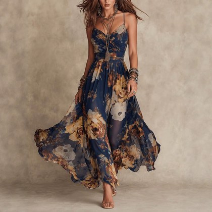 V-neck Waist-cinched Flowing Chiffon Maxi Dress For Vacation