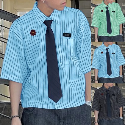 Loose-fitting Cropped Mens Striped Short-sleeve Shirt