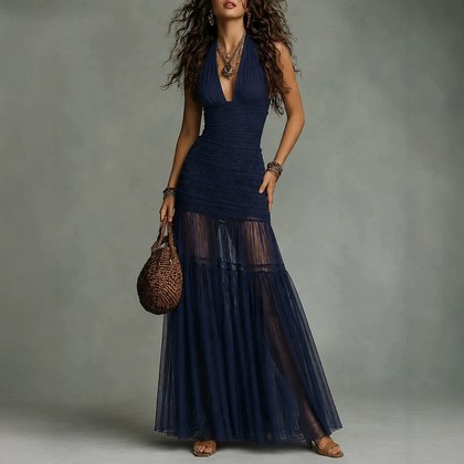Deep-V Pleated Waist-cinching Sheer Mesh Maxi Dress