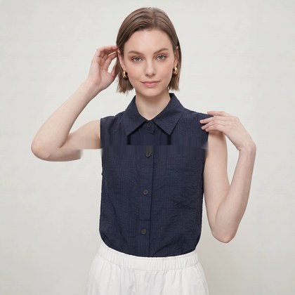 Womens Sleeveless Shirt With Lapel Collar Breathable Navy-Blue Commuter Top For Summer