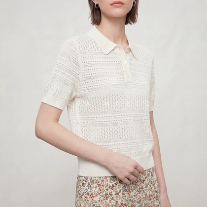 Breathable, Preppy-style Knitted Top With A Turn-down Collar And Short Sleeves For Summer