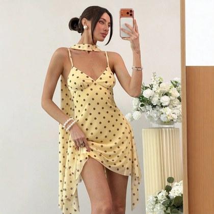 New Strap Halter Dress With Ribbon And Polka-dot Print For Women