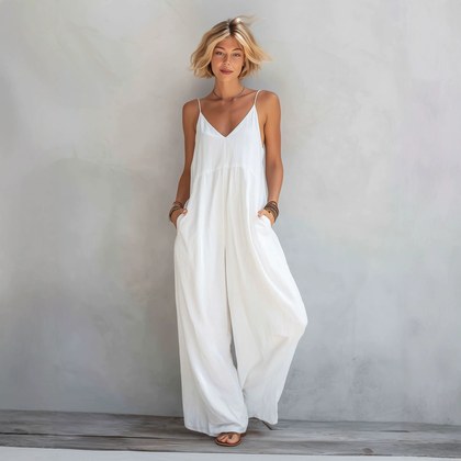 SpringSummer New Womens Solid-Color Cotton-Linen V-Neck Lace-Up Suspender Wide-Leg Jumpsuit