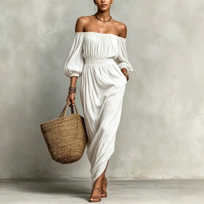 Womens Solid-color Casual Off-shoulder Dress