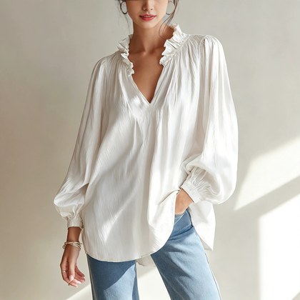 V-neck Loose-fitting Top With Puffed Balloon Sleeves