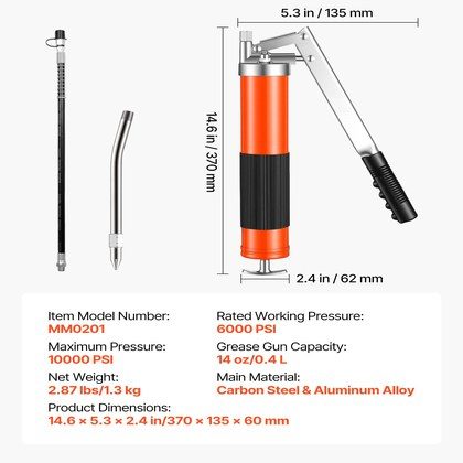 Grease Gun, 10000 PSI High Pressure, Heavy Duty Pistol Grip Grease Gun Kit With 14 Oz Capacity, Includes 18-Inch Flex Hose, 1 Extension Rigid Pipe A…