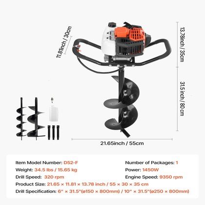 Gas Powered Post Hole Digger, 52cc Post Hole Auger With 6" & 10" Bits, 3 Extension Rods, 1450W Heavy-Duty Earth Auger For Fence Posts, Deck / Pergol…