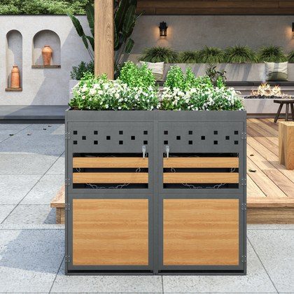Double Bin Storage Box With Green Roof, 120-240 Liter Capacity, Anthracite, Wood-look Door, Including Extension Option, Storage Box For Bins, Bin St…