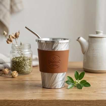 925 Sterling Silver Elegant Textured Stainless Steel Tumbler with Premium Leather Sleeve and Reusable Straw - Handicraft