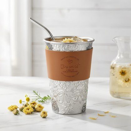 Pure 999 Fine Silver Elegant Floral Embossed Silver Tumbler with Brown Leather Sleeve and Reusable Metal Straw - Handicraft