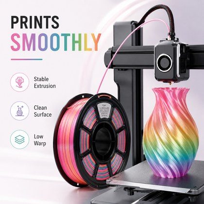 Silk PLA Filament 1.75mm Rainbow Color, 1kg Spool 3D Printer Filament, Shiny Glossy Finish, Multicolor Gradient PLA, Low Shrinkage, Tangle-Free, Com…