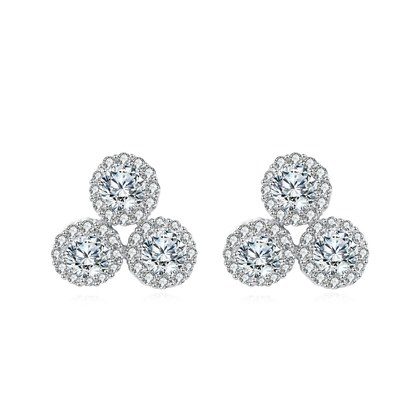 925 Sterling Silver **triple Moissanite Cluster Earrings In Plated with White Gold**