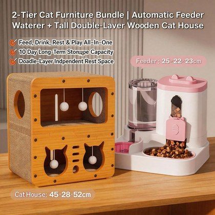 Cat Furniture Combo Set, 3 Style Multi Size Wooden Cat Scratcher House And 2 In One Pink White Automatic Feeder Water Dispenser 1600ml Food 800ml Wa…