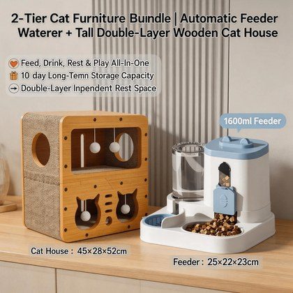 Cat Furniture Combo Set, 3 Style Multi Size Wooden Cat Scratcher House And 2 In One Blue White Automatic Feeder Water Dispenser 1600ml Food 800ml Wa…