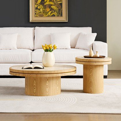 Set Of 19.49   35.43   MDF Round CoffeeTable Sintered Stone Tabletop For Living Room Apartment Reception Room NATURAL