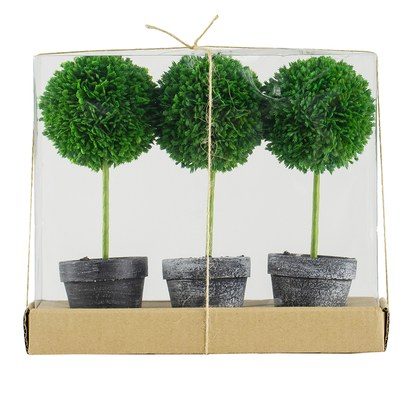 S 3 D3.5x9.5  Mini Faux Potted Boxwood Topiaries