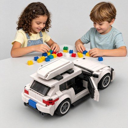 340PCS City Car White Hatchback Building Blocks With Roof Box, Modern Compact Wagon Car Toy Kit For Kids And Adults, Collectible Car Gift