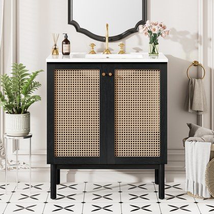 30-inch Bathroom Vanity Crafted From Natural Materials, Featuring Handmade Rattan Doors And Soft-closing Mechanisms