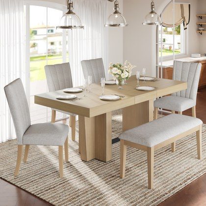 TOPMAX Farmhouse 78.1inch Extendable Wood Dining Table Set For 6, Kitchen Table Set With Bench And 4 Upholstered Chairs,3.8inch Thick Tabletop And T…
