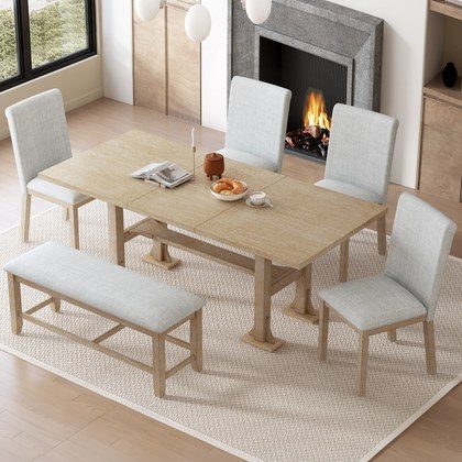 TOPMAX Farmhouse 76inch 6-Piece Extendable Dining Table Set Trestle Kitchen Table Set With 18inch Removable Leaf And Upholstered Dining Chair And Be…