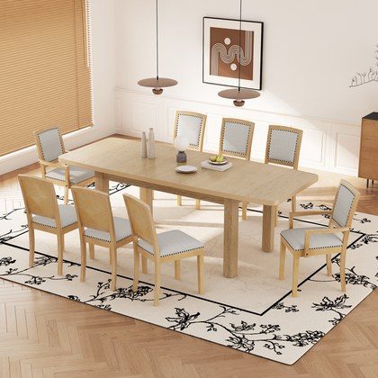 TOPMAX Rustic Extendable 84inch Dining Table Set With 24inch Removable Leaf , 6 Upholstered Armless Dining Chairs And 2 Padded Arm Chairs, 9 Pieces,…