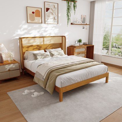 Premium Rubber Wood Platform Bed Frame, Queen Bed Frame With Headboard Included, Mid Century Modern Bed With Natural Color