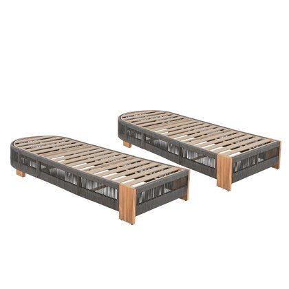 Outdoor  Acacia Wood Patio Adjustable Lounge Chair Set Of 2- Uncushioned For  Pool Garden-Grey Rope & Natural Iron