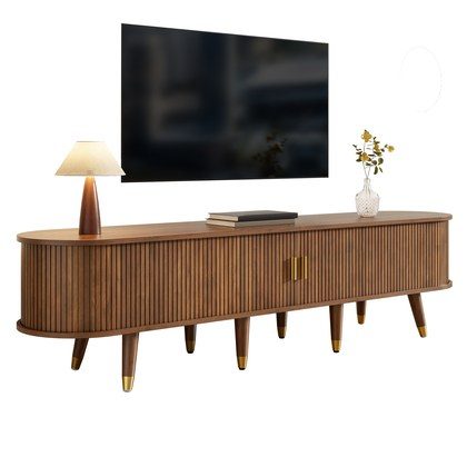 TV Cabinet 175 Cm With Sliding Door, Walnut Look & Large Storage  Country-Style TV Stand Made Of MDF With Open Shelves, Drawers & Cabinet  Natural D…