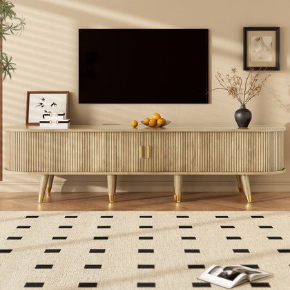 TV Cabinet 175 Cm With Sliding Door, Light Wood Color & Large Storage  Country-Style TV Stand Made Of MDF With Open Shelves, Drawers & Cabinet  Natu…