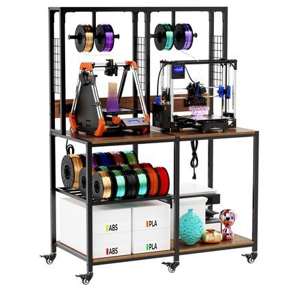 Double 3D Printer Stand With Filament Storage, Heavy-Duty Metal Frame Dual 3D Printer Table Workbench, T-Type Filament Holder, Lockable Wheels, Mobi…
