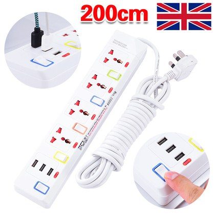 Protected Mains Extension Lead Power Cable Electric Plug Socket W Switched 3 USB