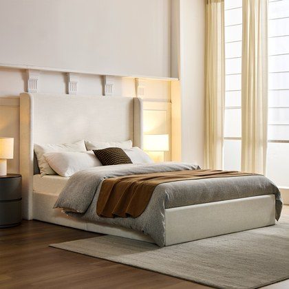 Carmen Upholstered Wingback Bed   Upholstered Platform Bed Frame   52  High Headboard   Simplicity   Minimalist   No Box Spring Needed     Californi…