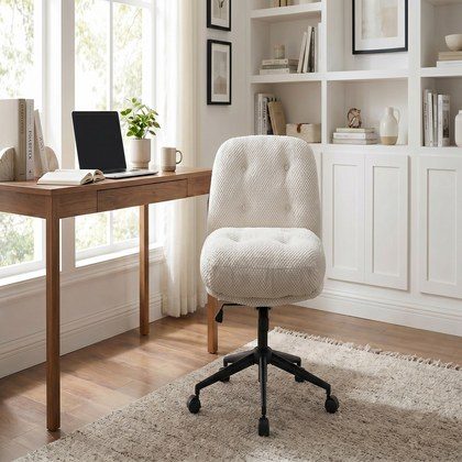 Cross Legged Office Chair No Arms, Adjustable Swivel Wider & Thickened, Ergonomic Desk Chair For Home Office, Vanity,White