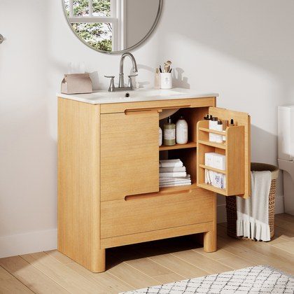 Video 30  Softened Modern Bathroom Vanity With Ceramic Sink, Natural Wood Grain, Solid Wood Frame, Soft-Close Doors & Drawer, Adjustable Shelf , All…