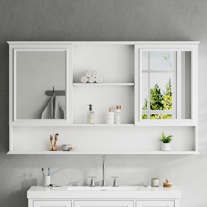 Video 60  Wall-Mounted Bathroom Medicine Cabinet With Double Mirrored Doors, Adjustable Shelves, Open Storage, Soft-Close Hinges, White