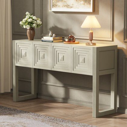 Video Geometric Carved Console Table With 3 Soft-Close Drawers, Fluted Leg Details, Entryway Sofa Table For Living Room Hallway, Natural