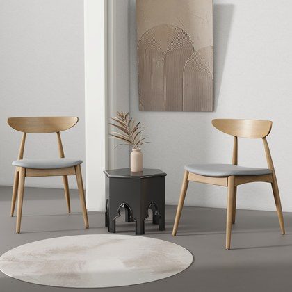 Set Of 2 Retro Rubberwood Chairs With Ergonomic Back & Plush Cushions, Natural Beige  Same Sku 59297.00BEI