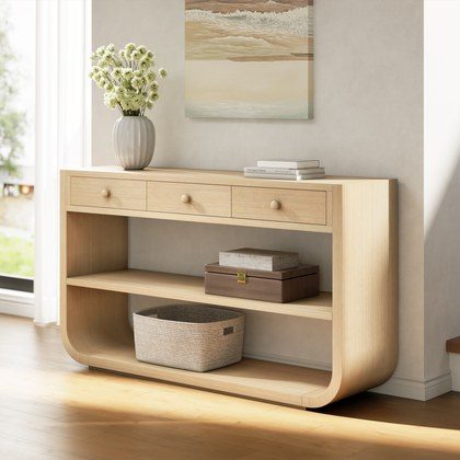 Video  Modern Curved Console Table With 3 Soft-Close Drawers & 2 Open Shelves, Solid Wood Base, Entryway Table For Living Room Hallway Study, Natura…