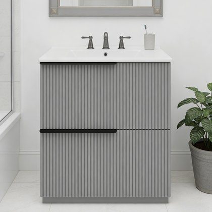 30  Bathroom Vanity With Ceramic Sink And Full-Extension Drawers, Freestanding Bathroom Vanity With Soft Close Drawer Slides, Fluted Design, Gray
