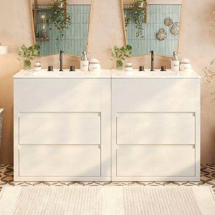 60  Double Sinks Bathroom Vanity Set, Bathroom Cabinet With Two Separate Ceramic Sinks, Full-Extension Drawers & Soft Close Undermount Drawer Slides…